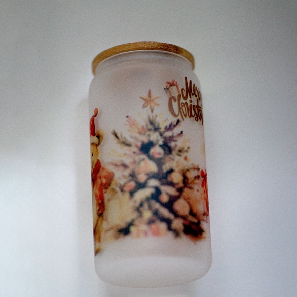 Merry Christmas Glasses cup 16 oz glass cup with Straw & Bamboo Lid. - Picture 7 of 8